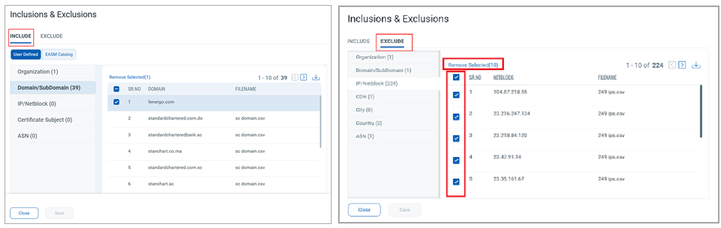 Delete include and exclude entries.