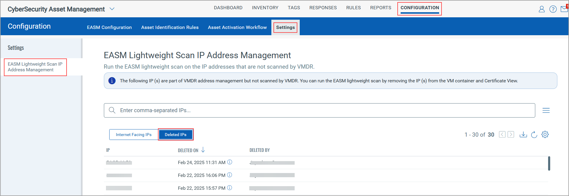 IP addresses deleted from EASM lightweight scan.