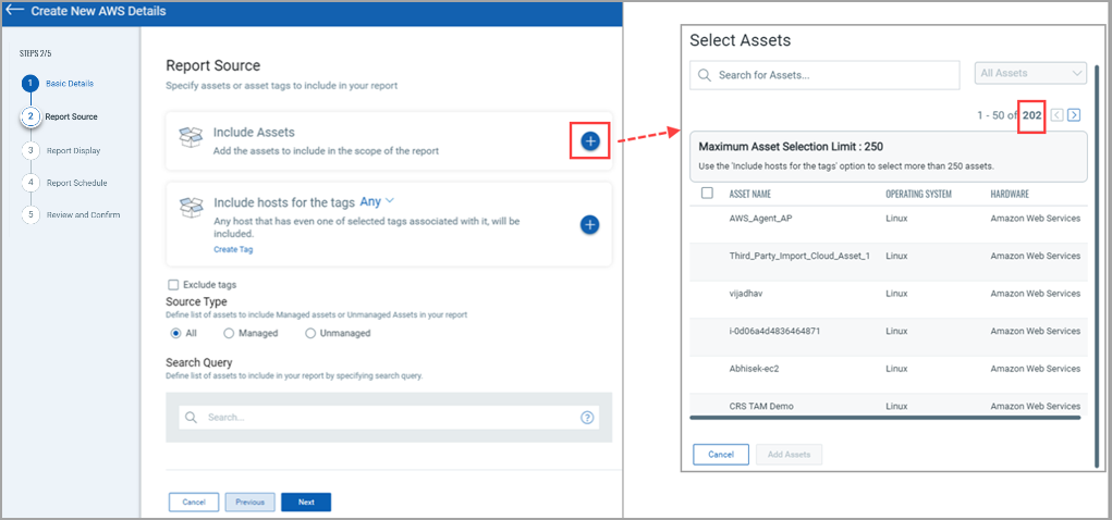 AWS cloud assets shown in the Select Assets Window.