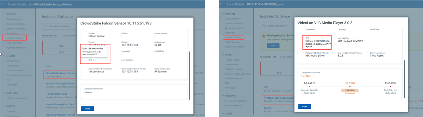cpe details on the Installed Software tab.