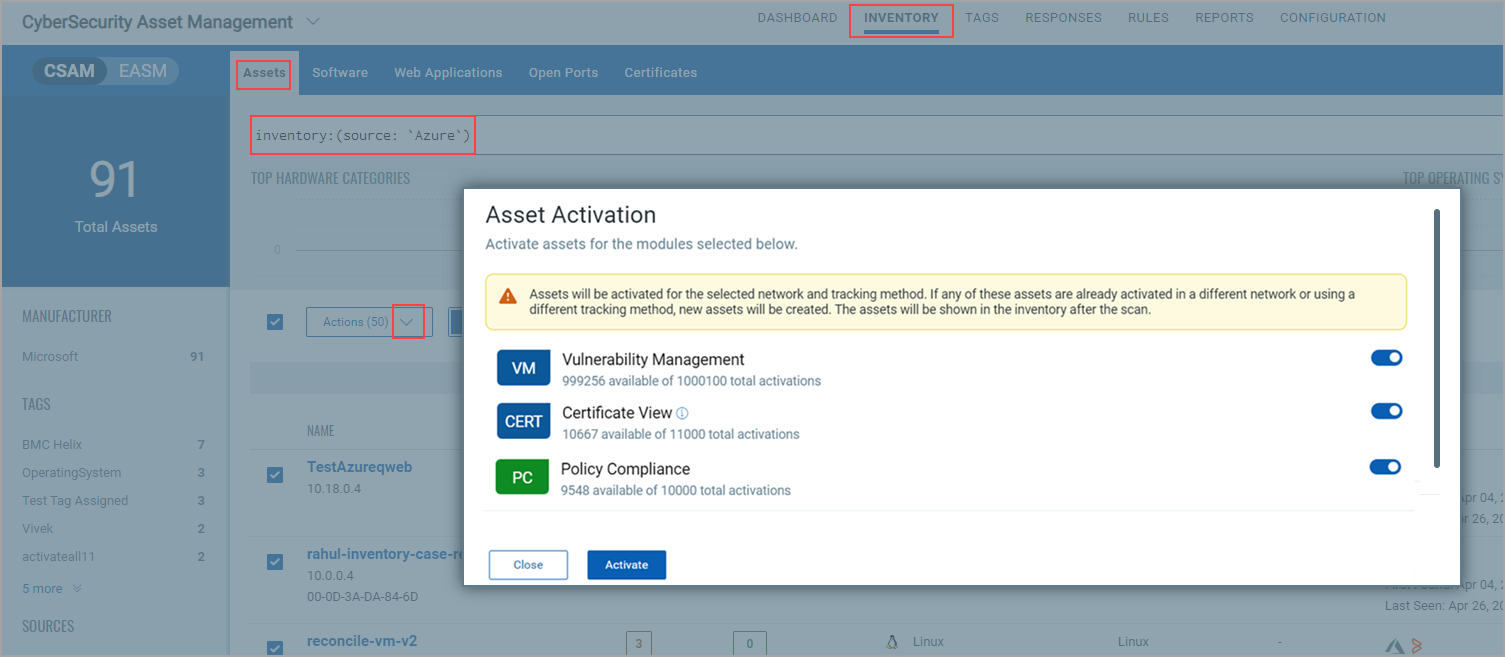Multiple asset activation - Inventory Source Azure.