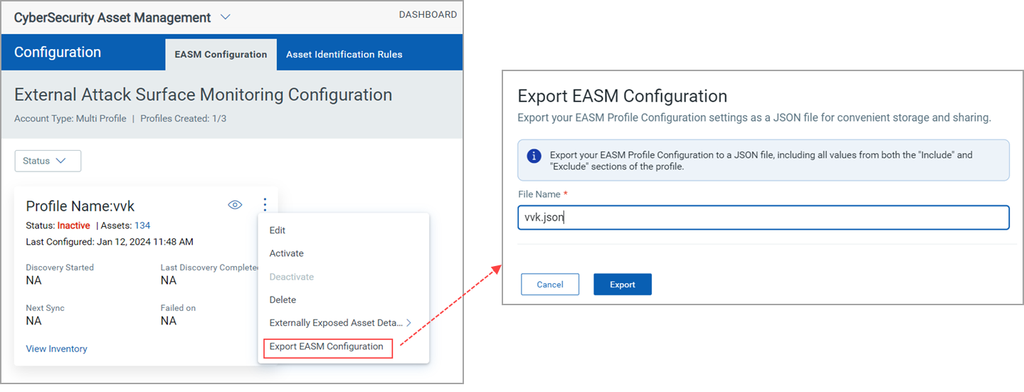 Export EASM Profile Configuration to JSON file.