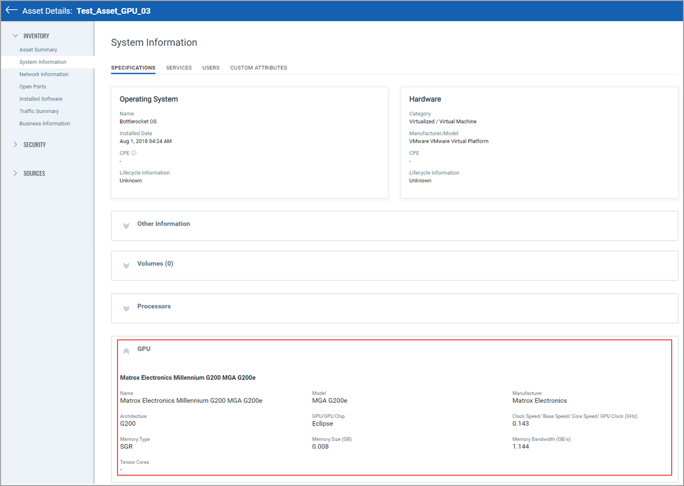 GPU details from the Asset Details page.