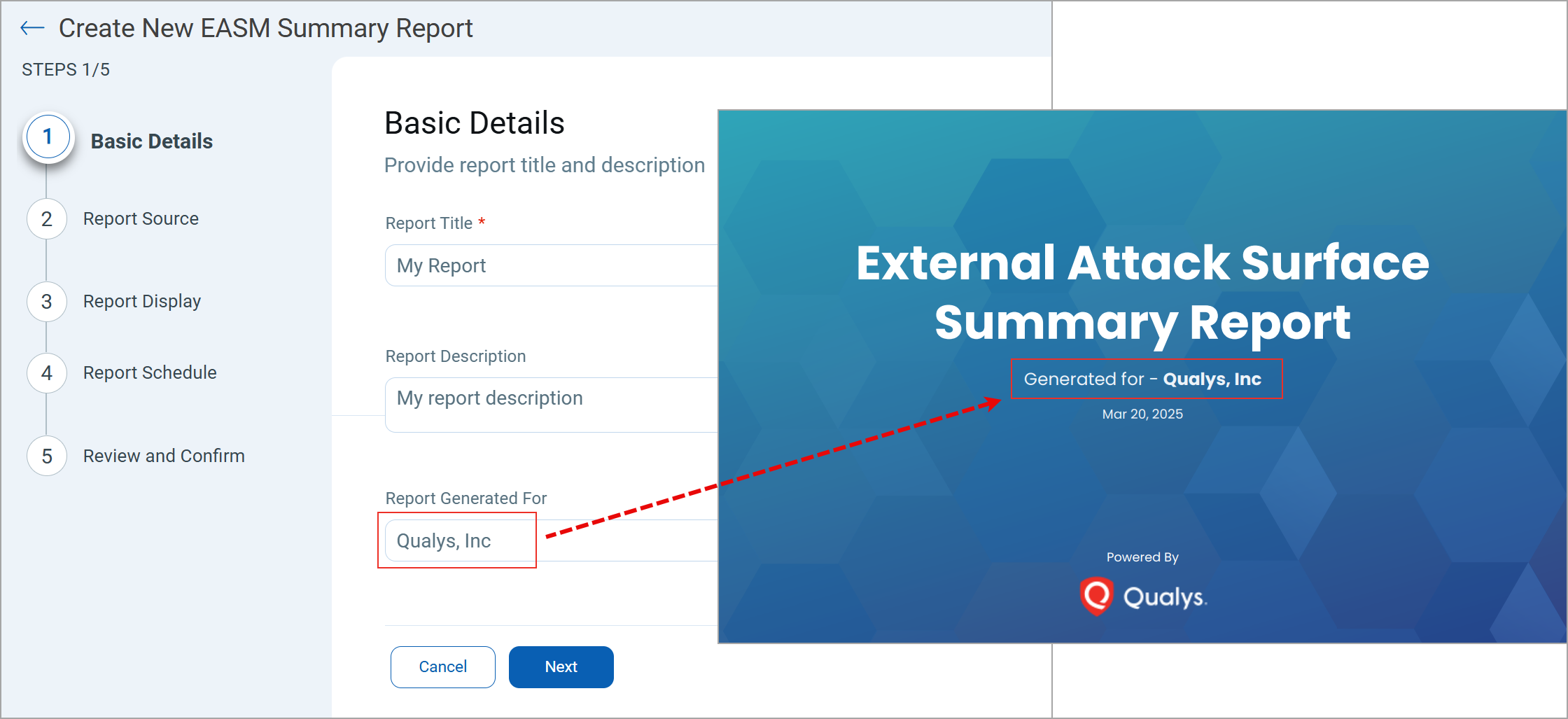 the basic details page with the Report Generated For field.