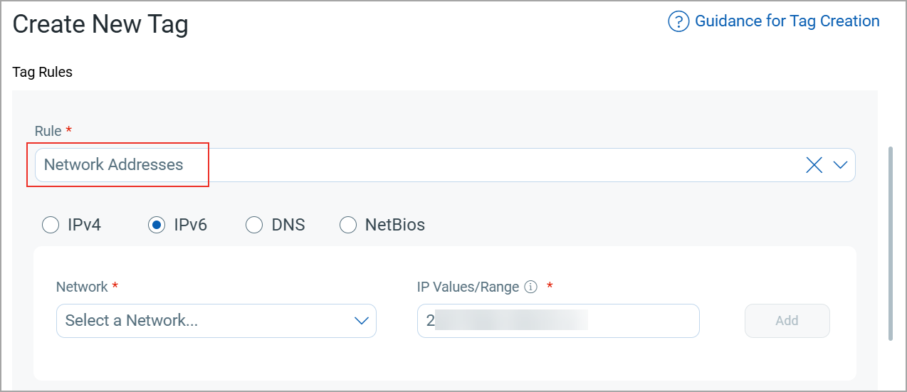 New network addresses tag rule selected.