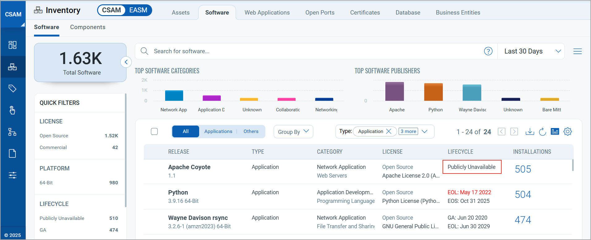 Publicly unavailable lifecycle status on Assets tab.