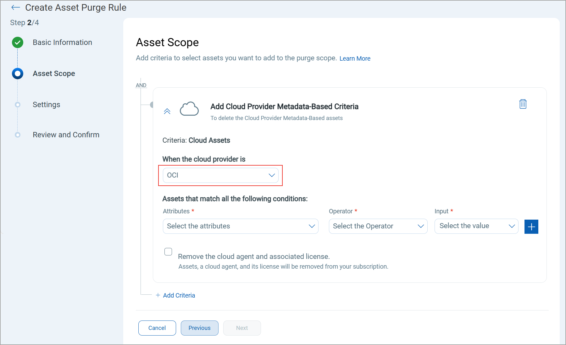 OCI asset selection on the asset purge rule creation.