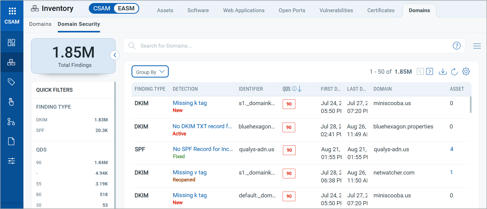 Domain Security tab with detection status.