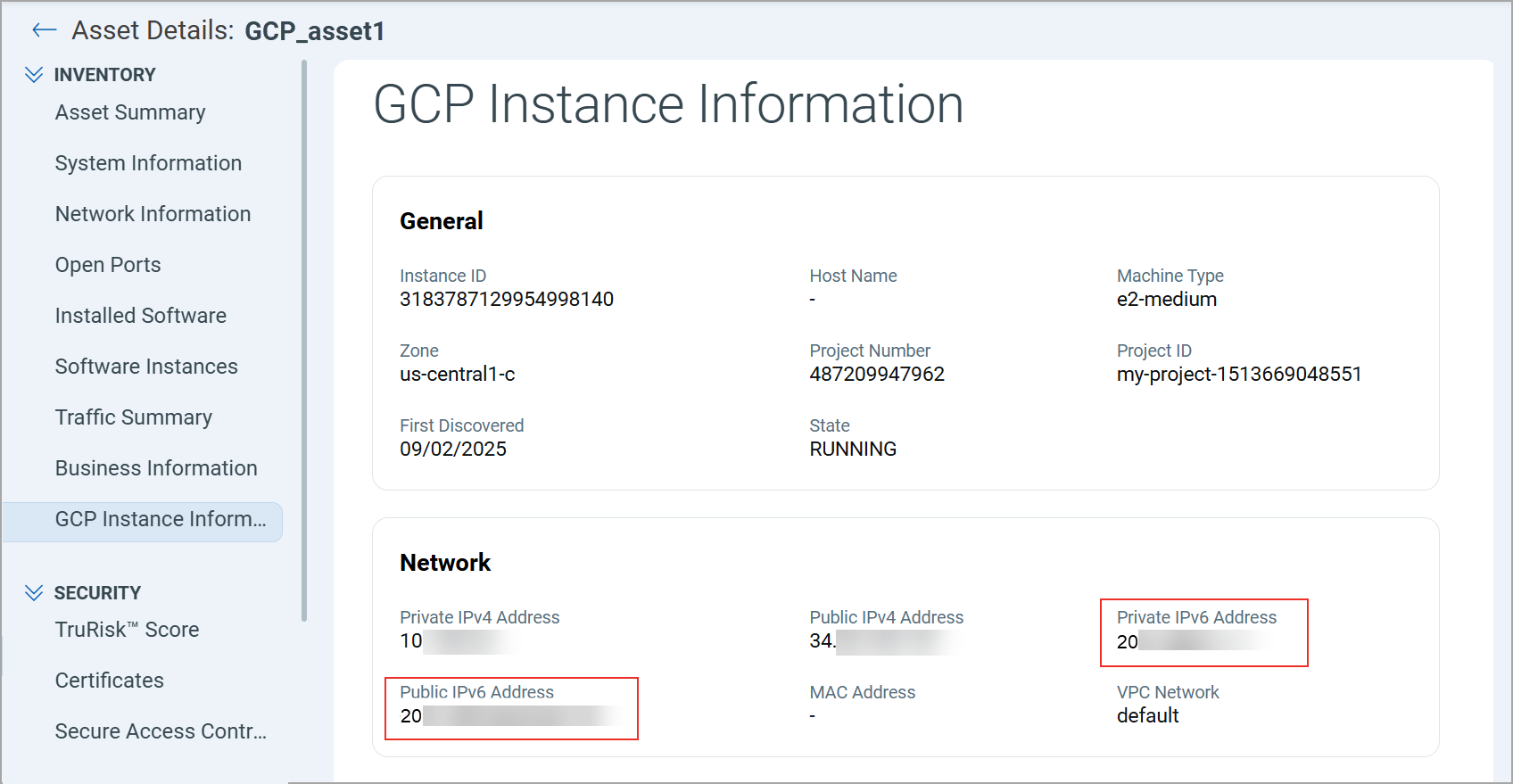 GCP asset information showing private and public IPv6 addresses, for example.