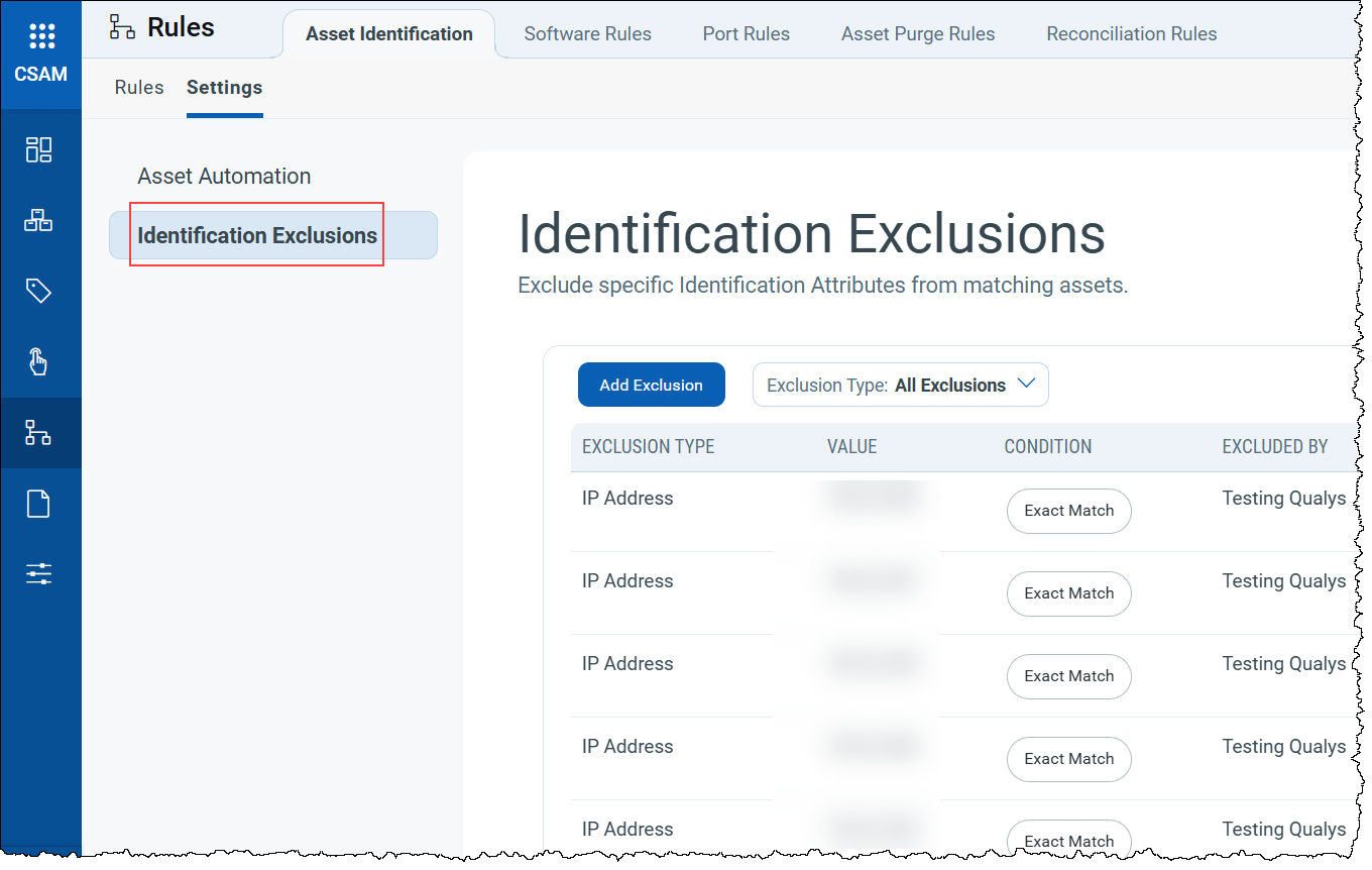 Identification exclusions settings screen