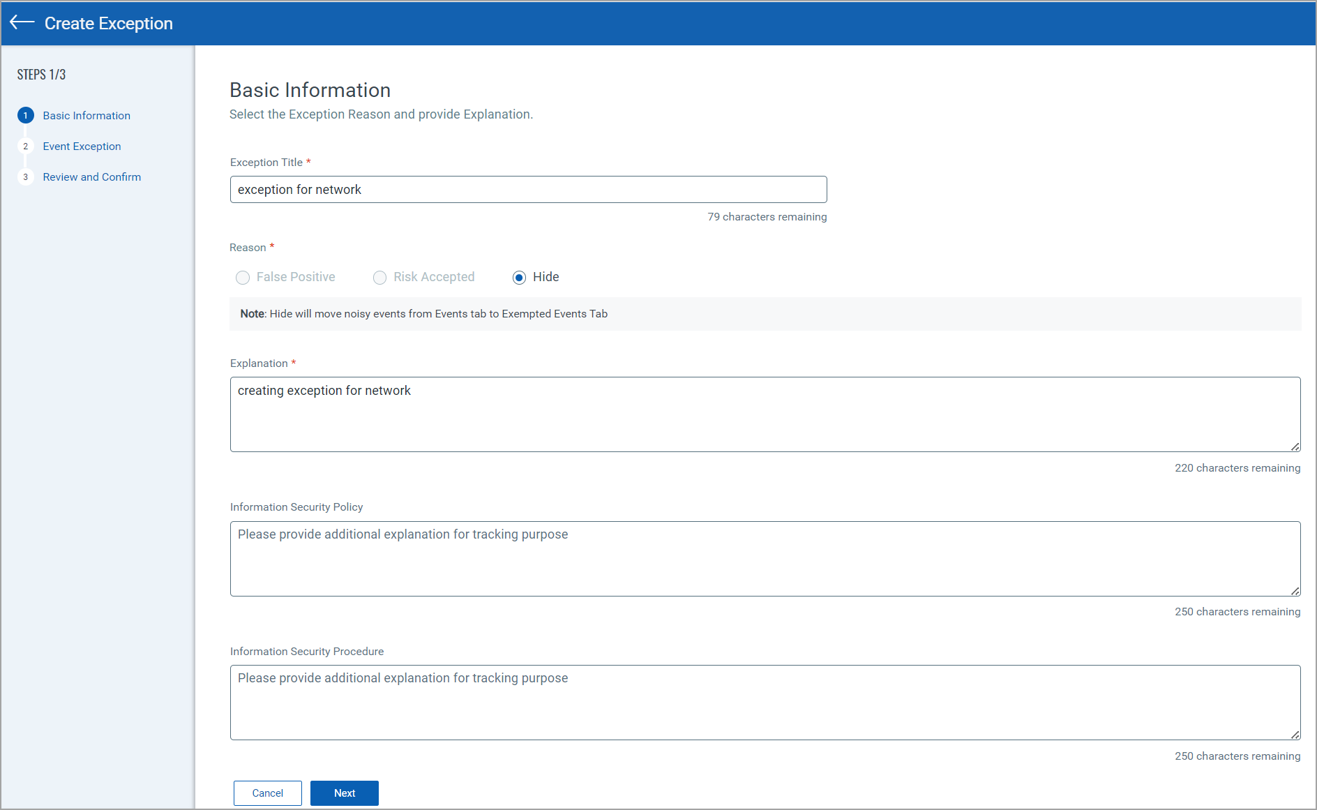 Basic Information page in Create Exception option.