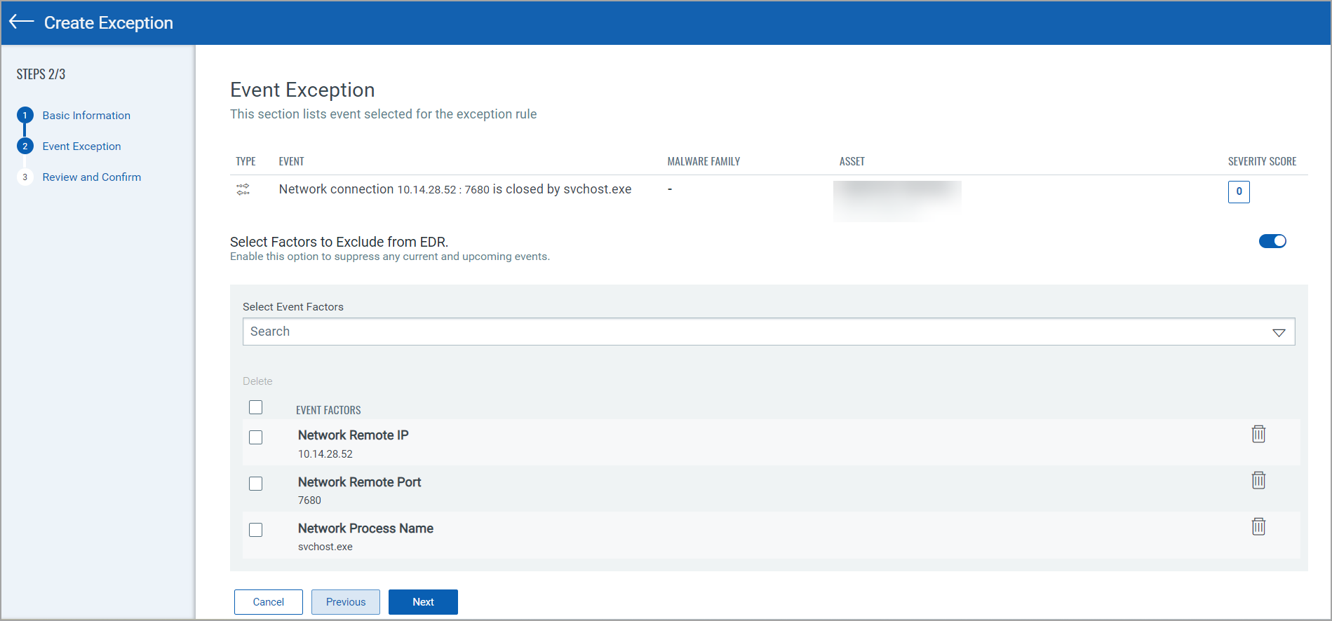 Event page of Create Exception option