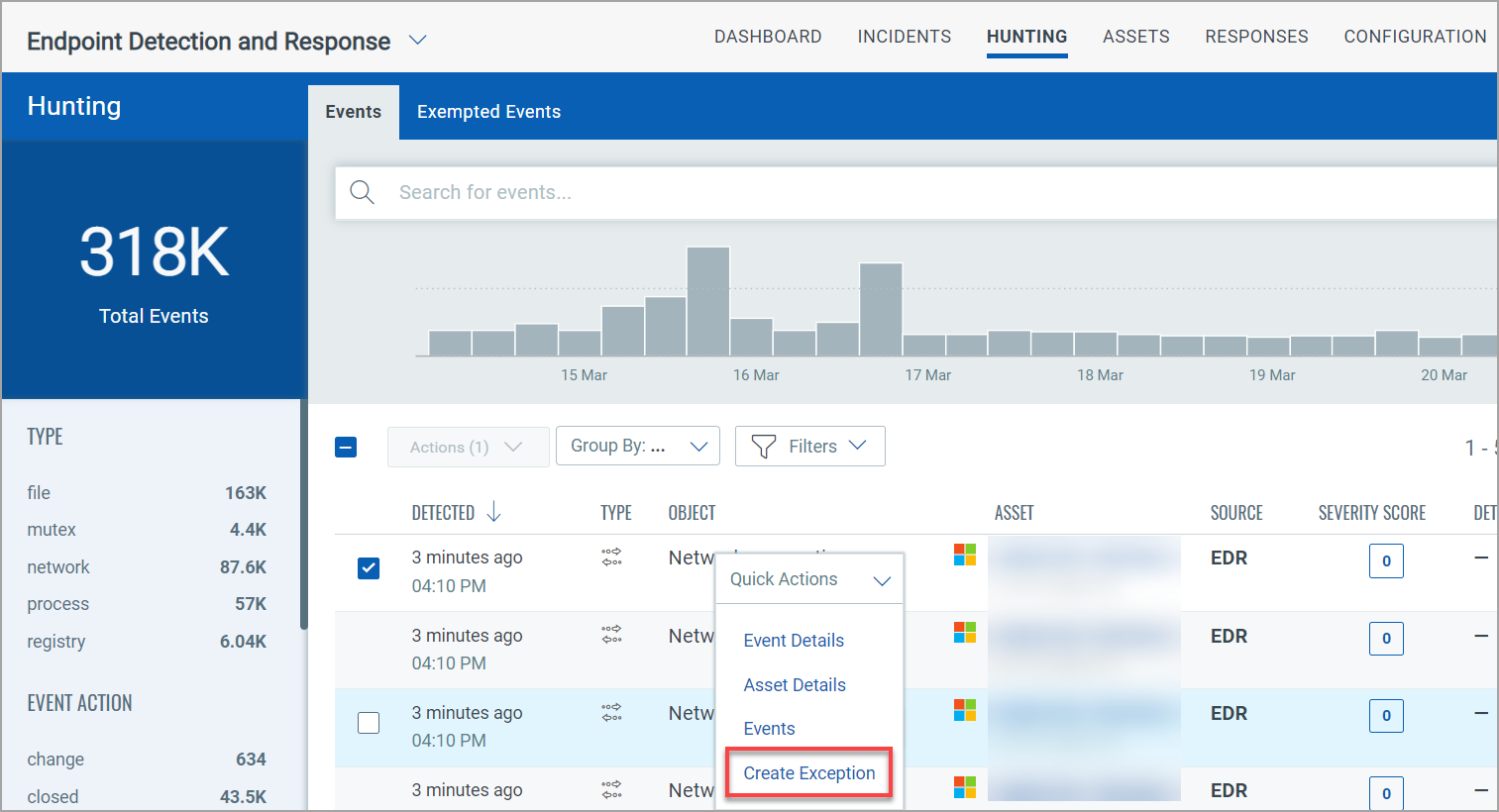 Create Exception option from the Quick Actions menu. Create Exception option in Quick Actions menu of Hunting tab