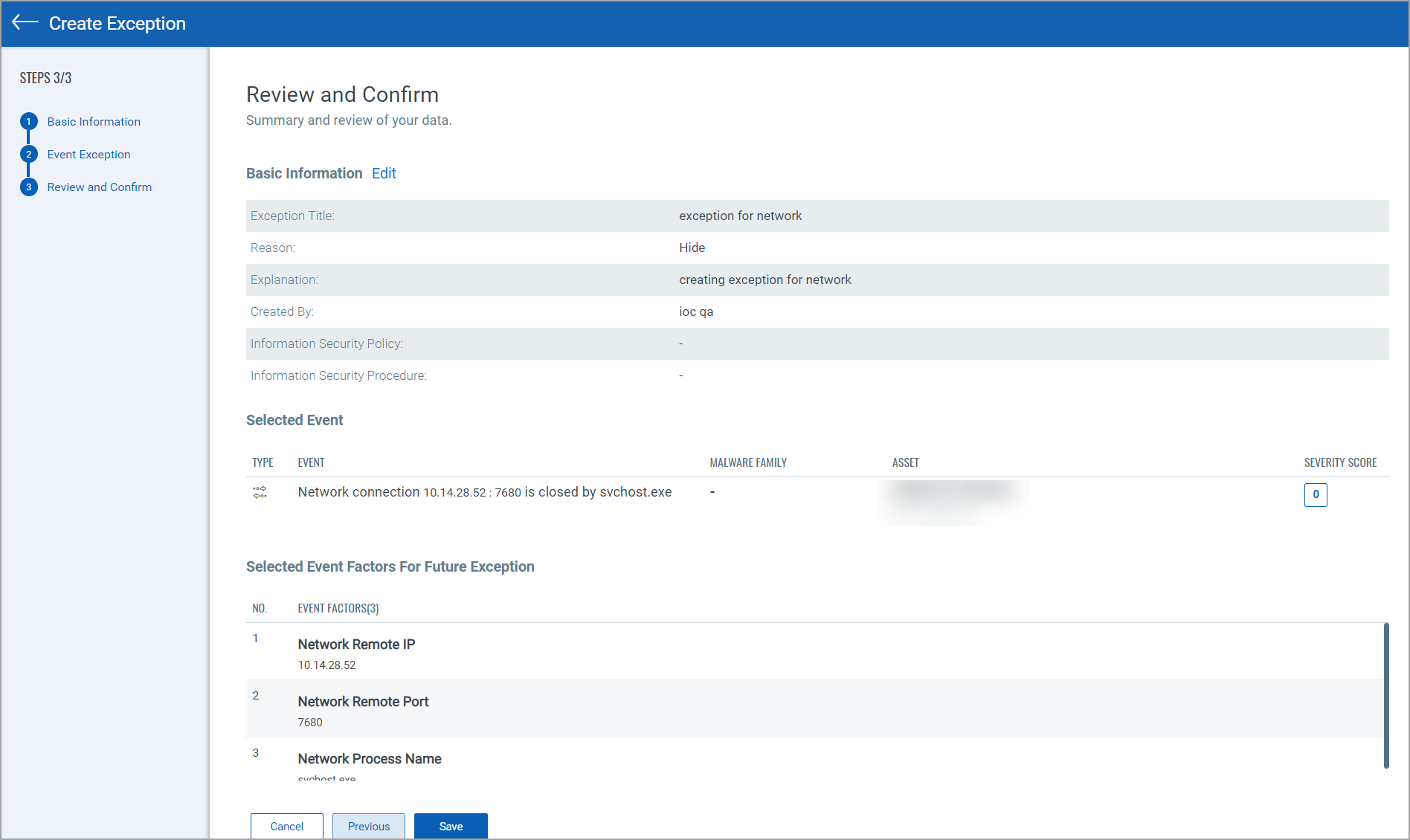 Review and Confirm page of Create Exception option