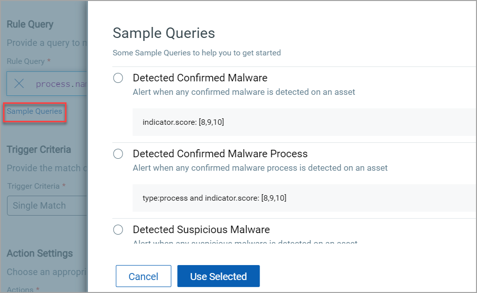 Sample Queries in Rule Query section