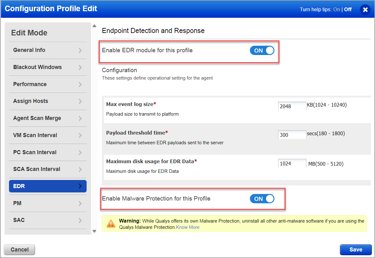 Enable EDR toggle from the Configuration Profiles.