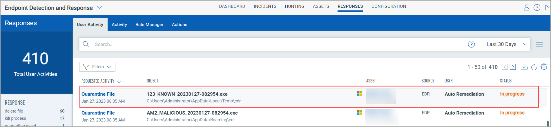 Displays automatic trigger of quarantine actions configured.