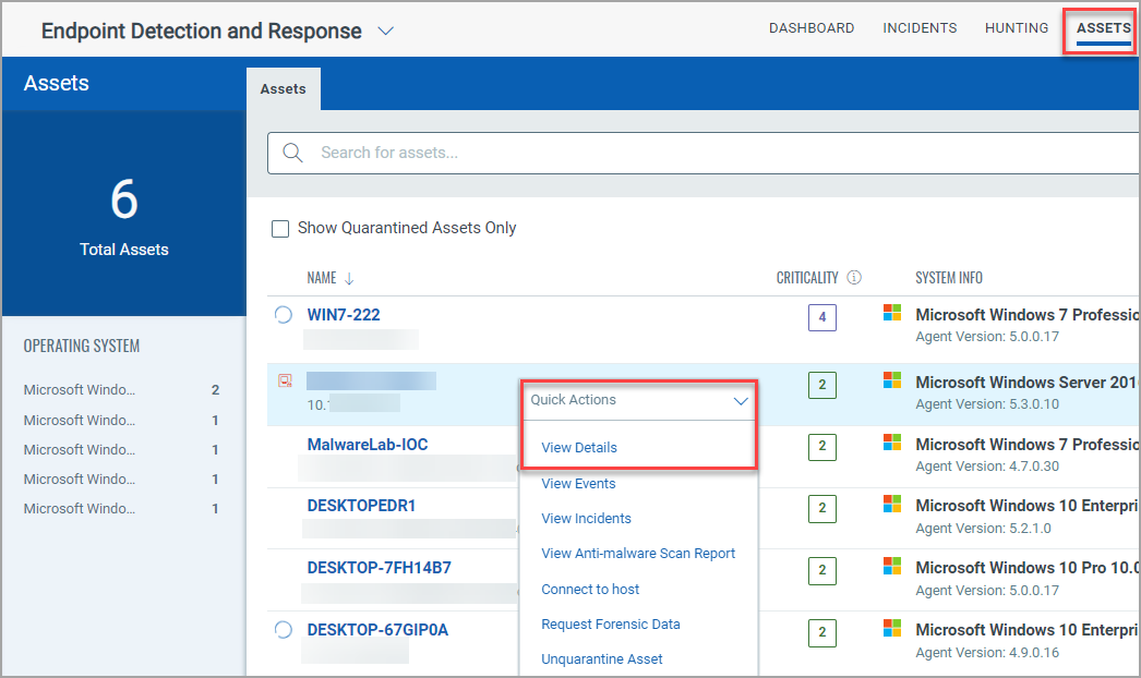 View Details option in Quick Actions drop-down of the Assets tab.