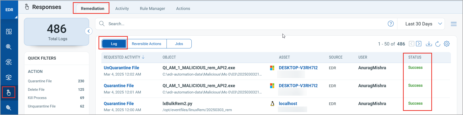 Quarantined assets statuses