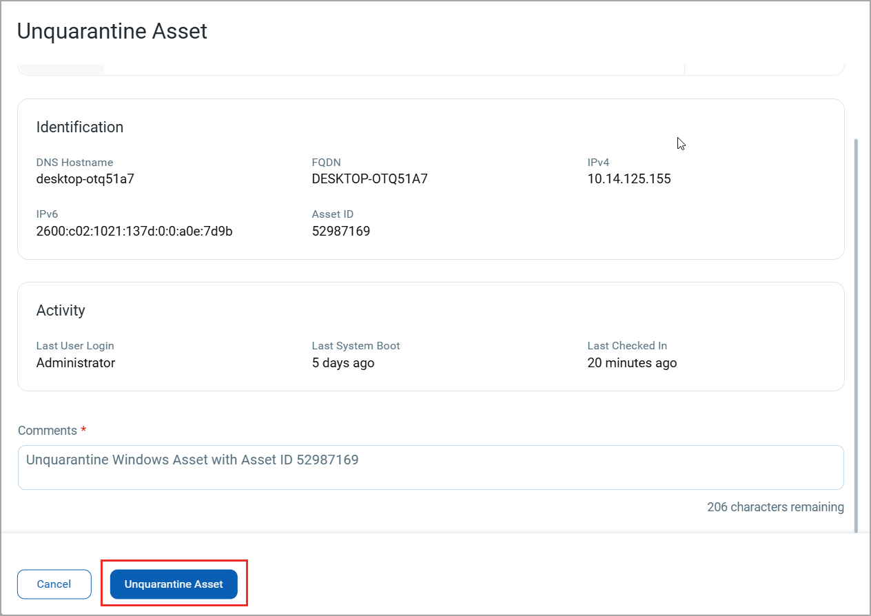 Release Asset Window