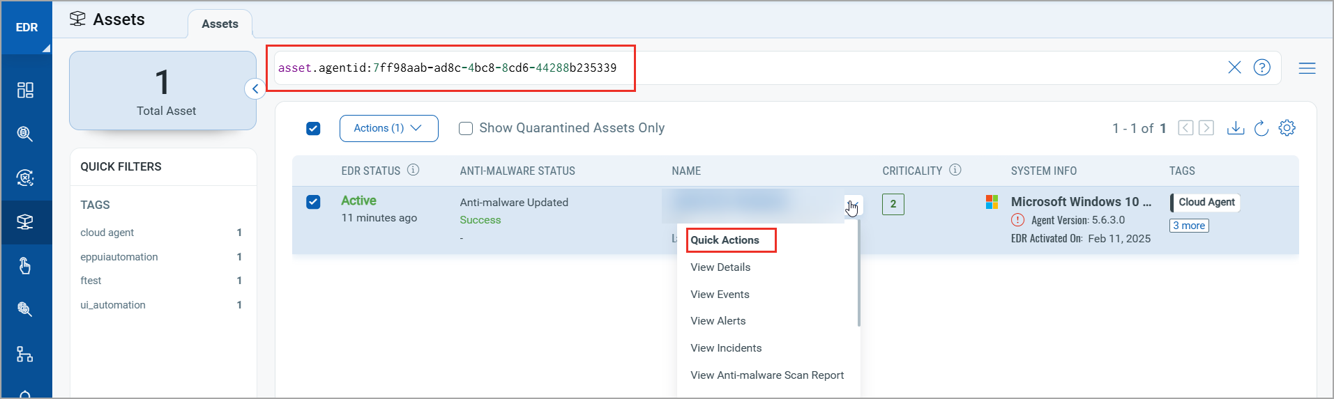 Events list and Quick Actions in the Hunting tab.