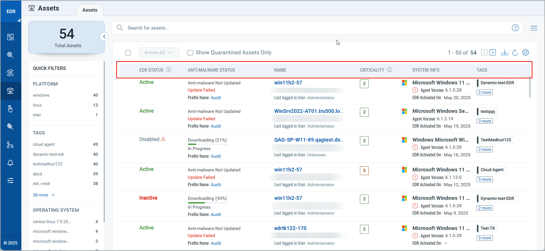 Asset Page and its columns.
