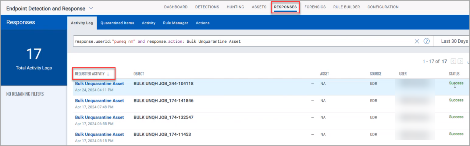 Bulk Unquarantine asset list in responses tab.