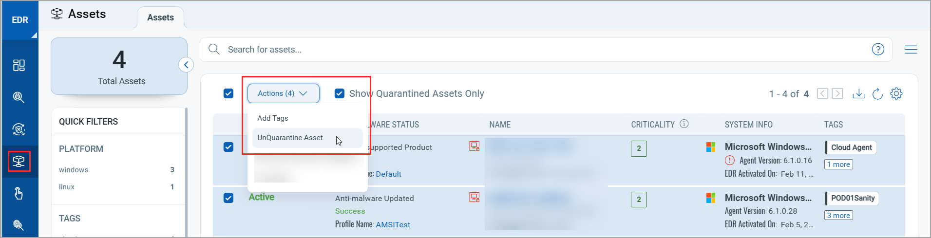 Bulk UnQuarantine Assets