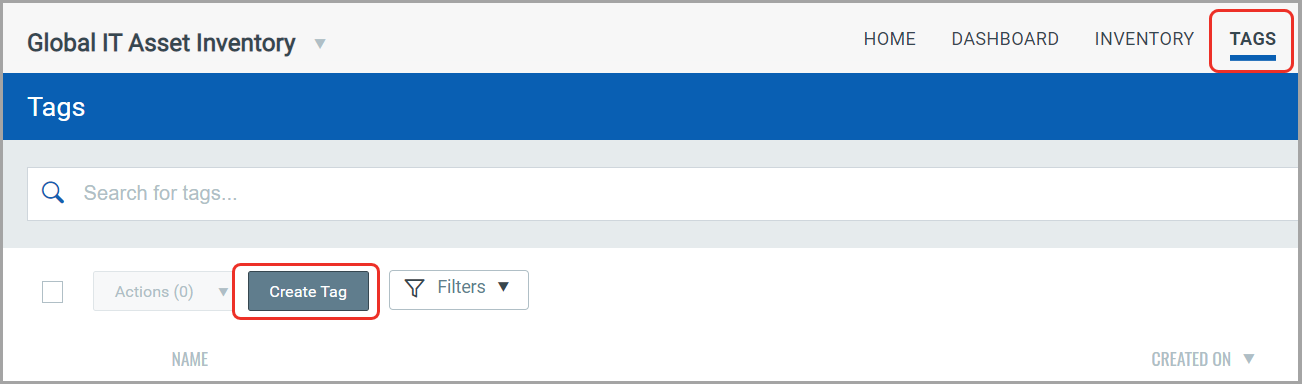 Global Asset Inventory window to create tags.