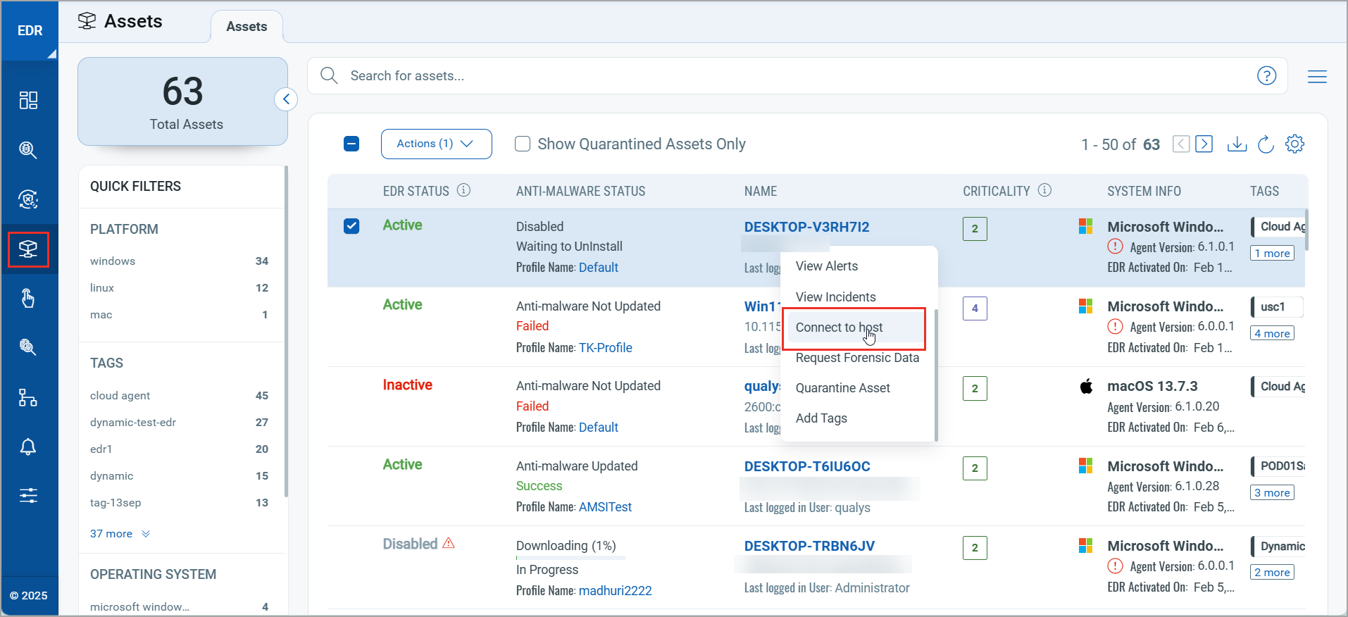 Connect to host option in Quick Actions menu of Assets tab.
