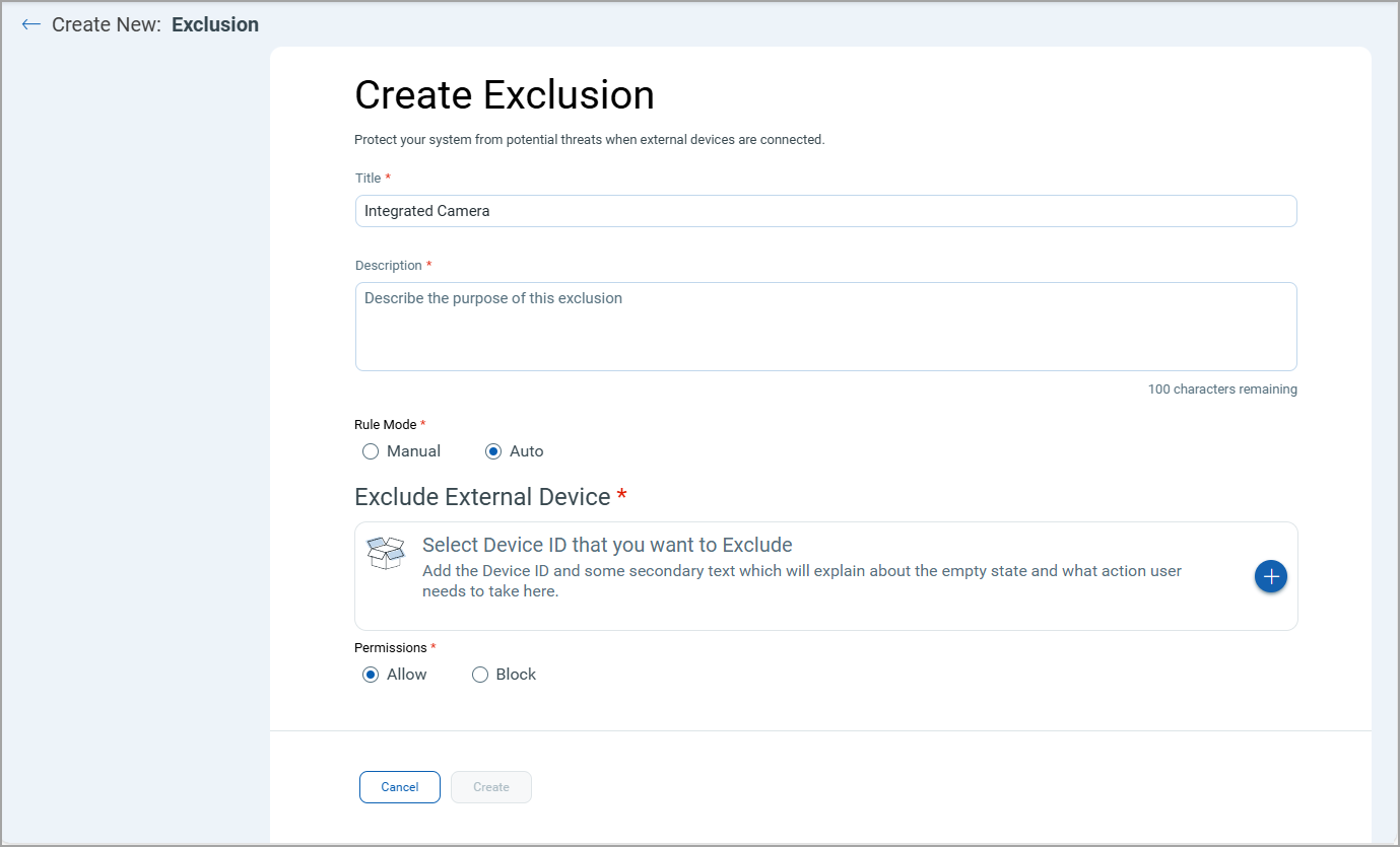 Device Control Support exclusion window