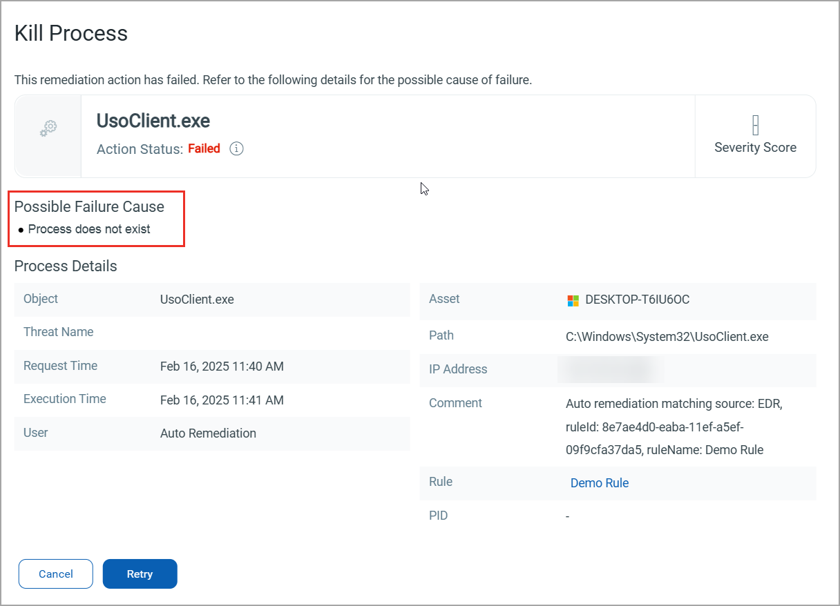 Quarantine File window with possible failure cause.