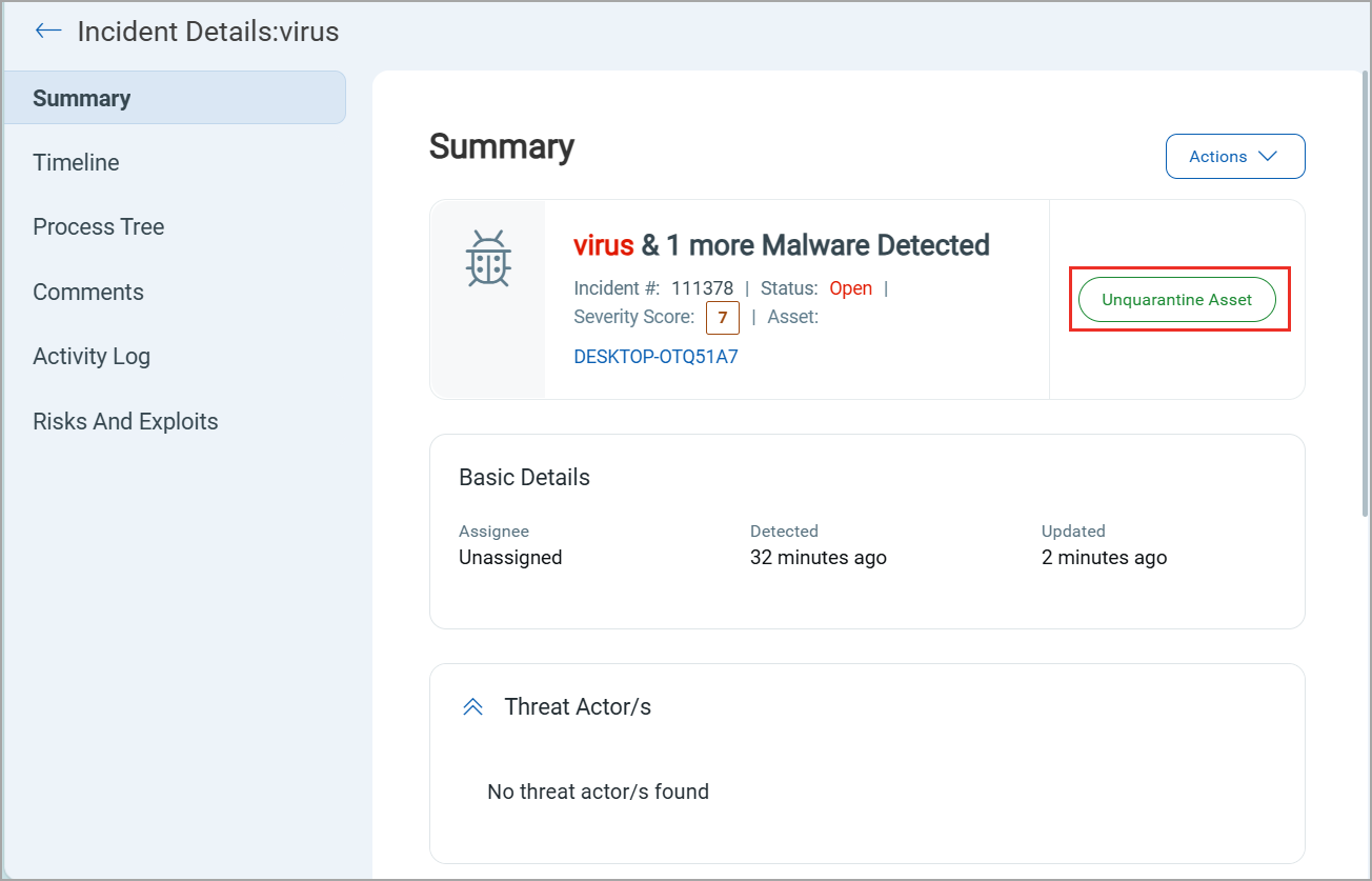 Release Asset from Incident tab