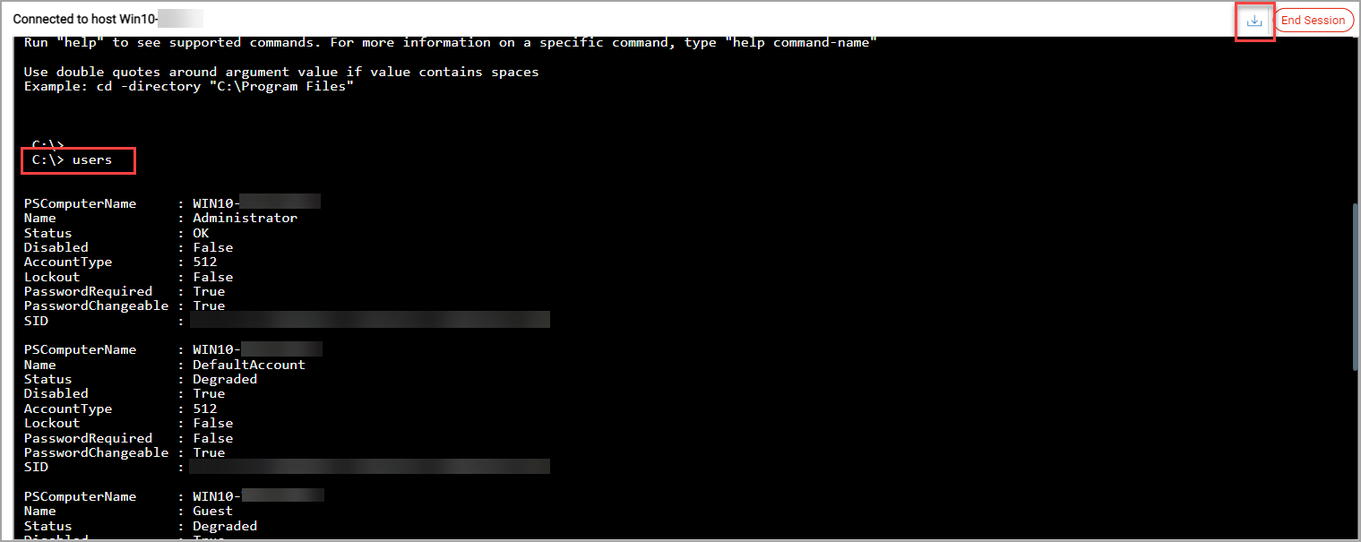 Remote shell window, when user clicks Connect to host from the Quick Actions menu