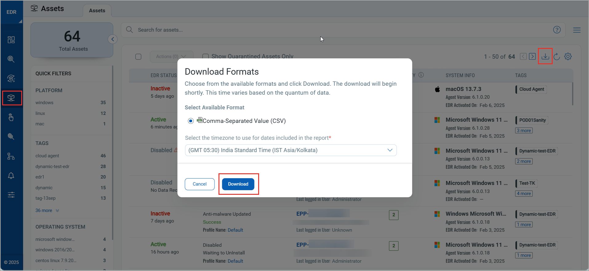 Download button in Assets tab