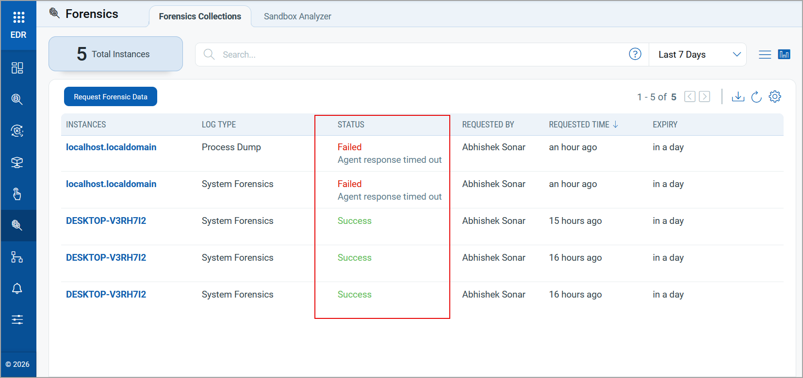 Failed instance in the Forensic tab.
