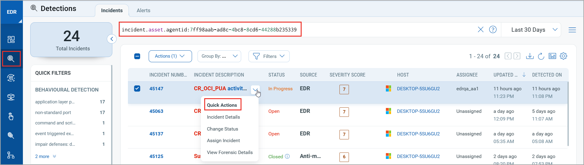 Incidents page and quick actions menu.