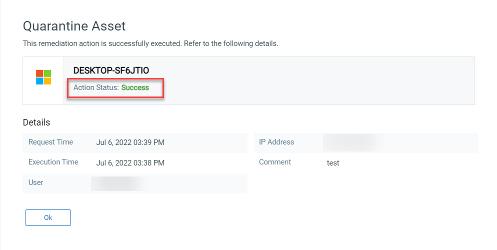 Quarantine Asset Successful Status