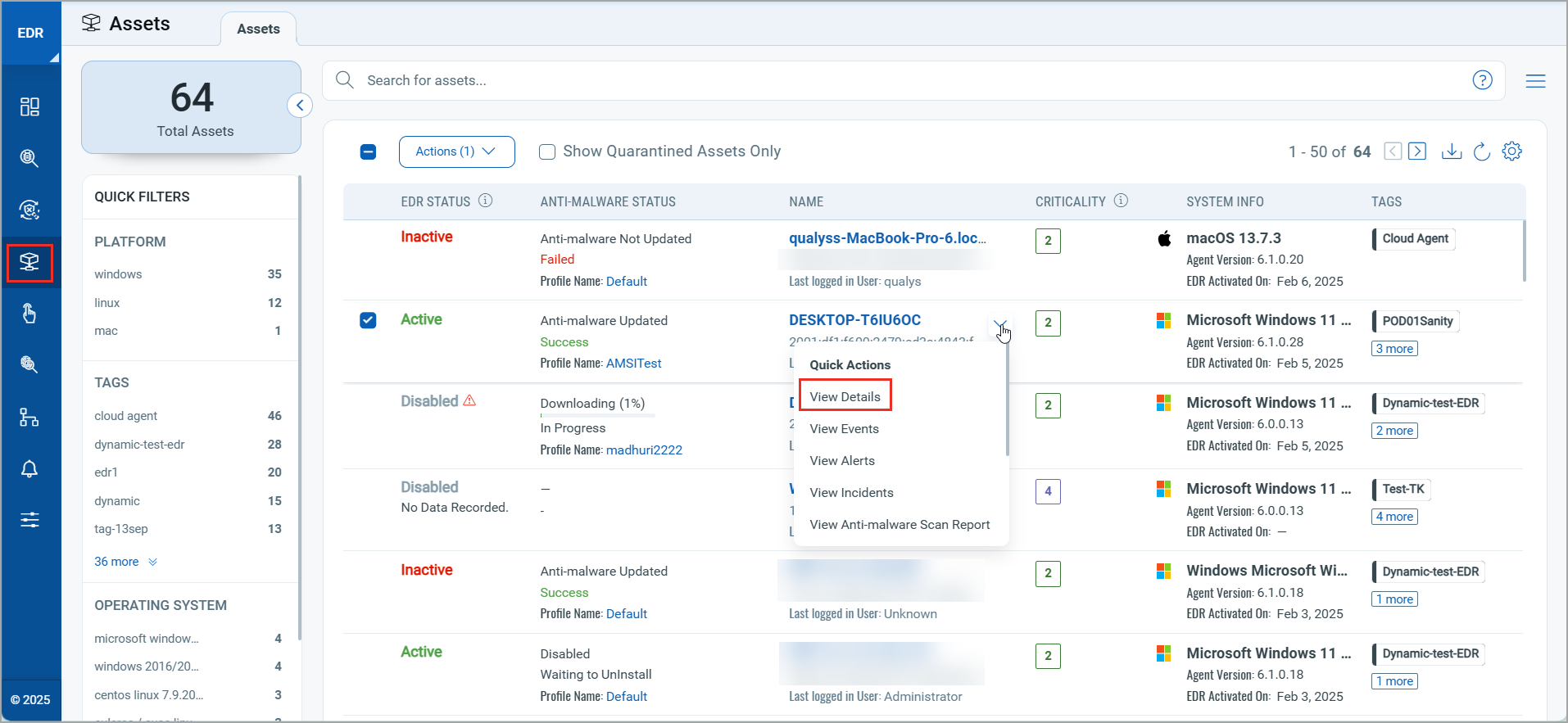 View Details option in Quick Actions drop-down of the Assets tab.