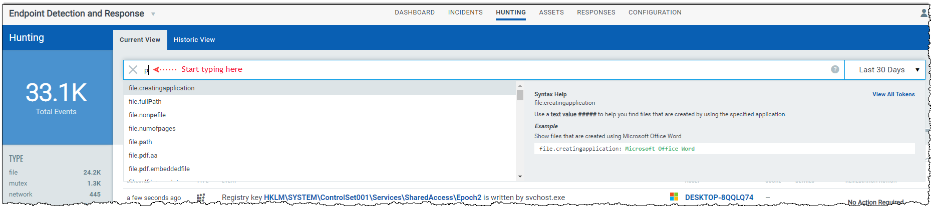 Asset properties listed for a sample asset search query on the Hunting tab.