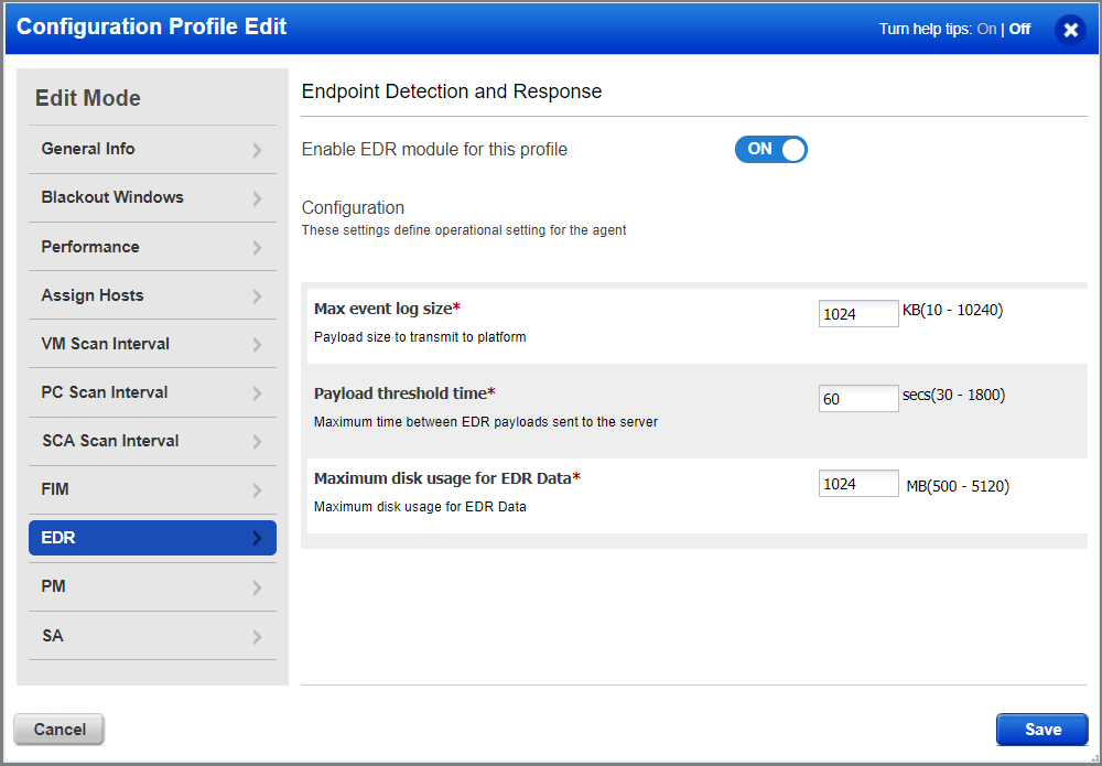 Configuration Profile Creation wizard - Sample CA configuration profile showing EDR settings.