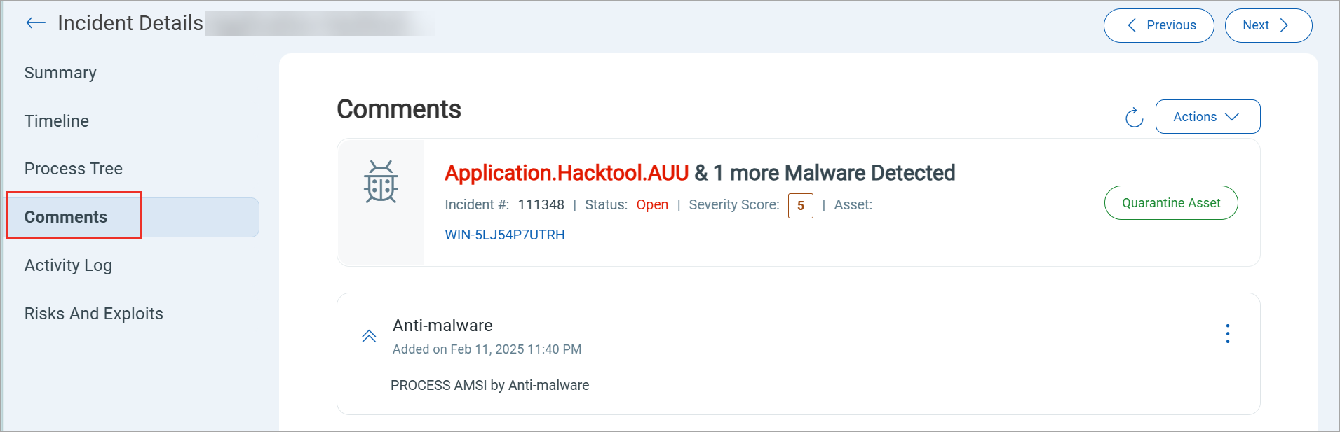 Antimalware comment in Incident Details page.