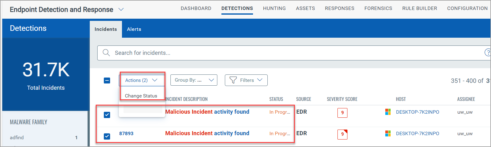 Change Status option in Incidents tab.
