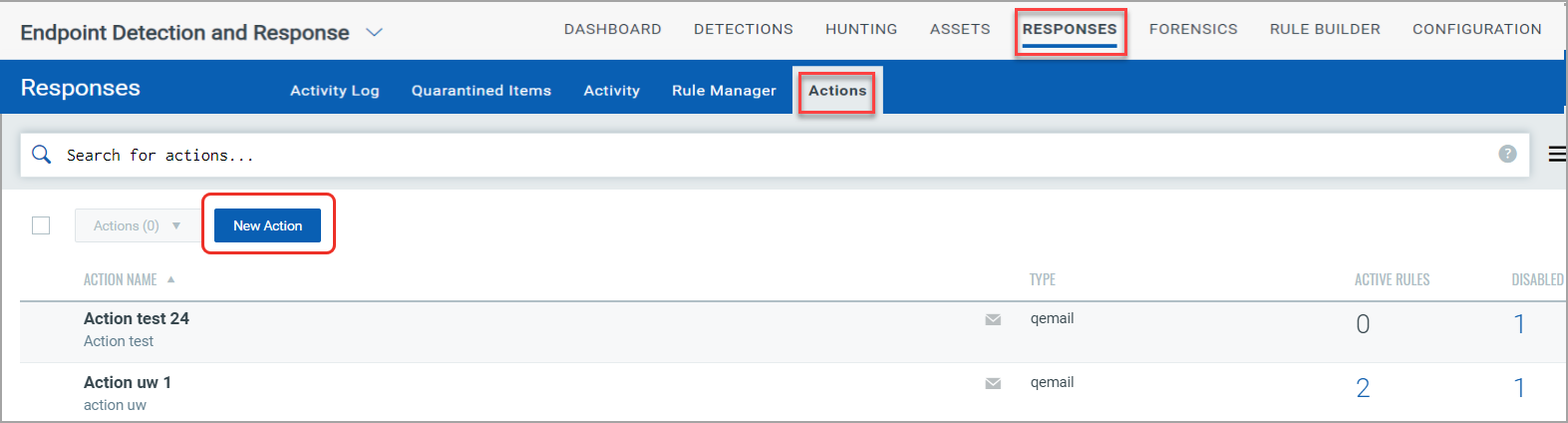 New Action button on the Actions tab under Rules tab.