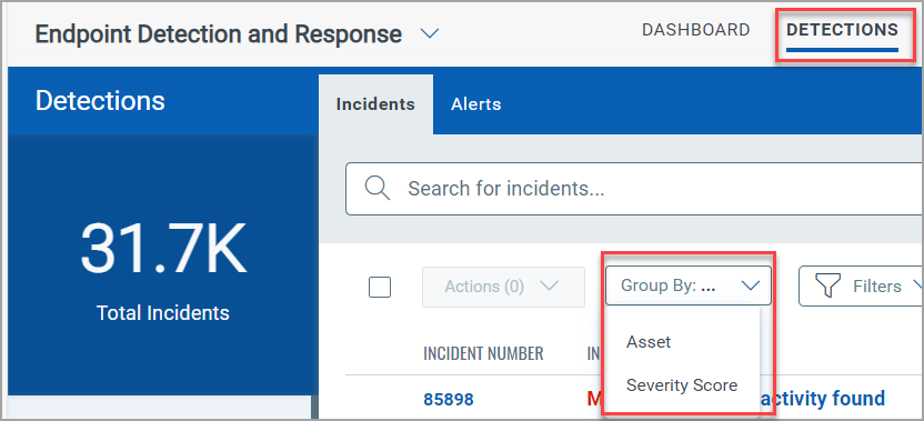 Group By drop-down in Incident tab