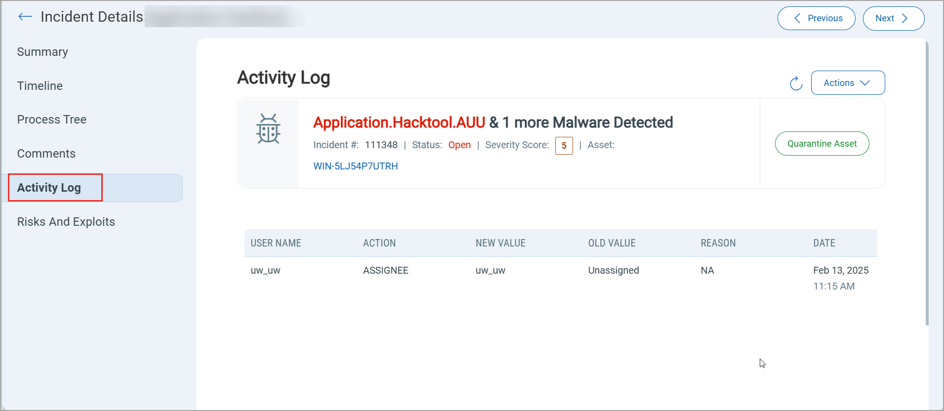 Activity Log section in the Incident Details page.