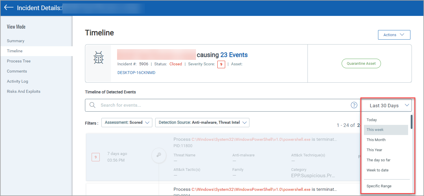 Timeframe in the Timeline section of the Incidents page.