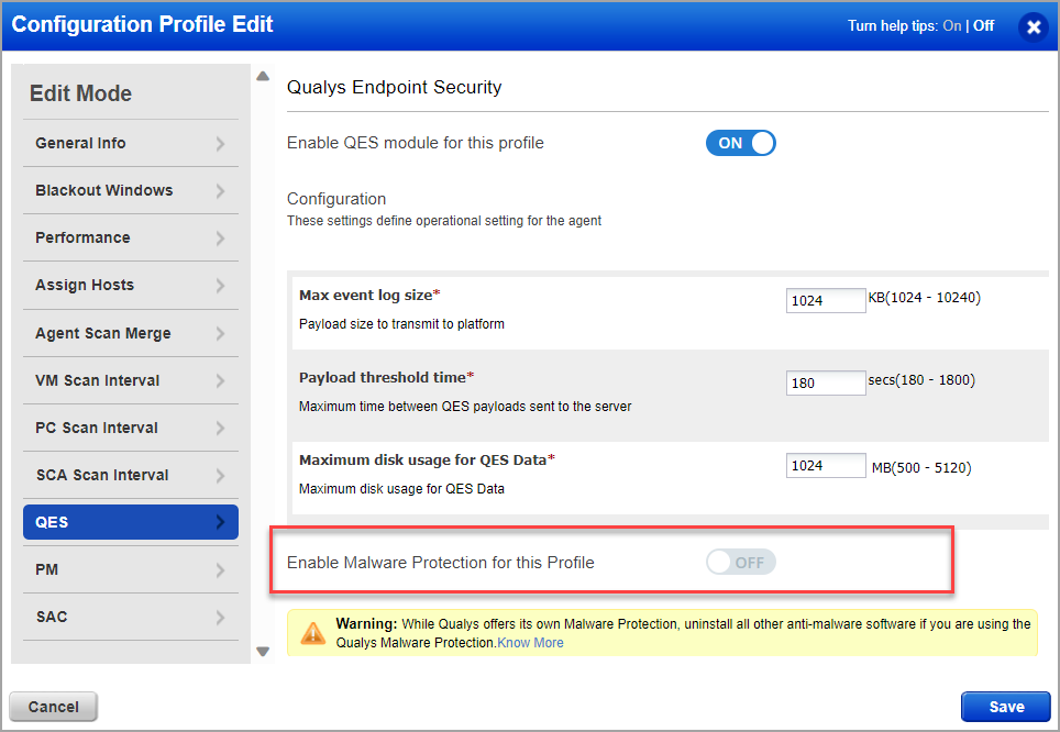 Disable the Enable Malware Protection for this Profile toggle in the Configuration Profile of Cloud Agent module.