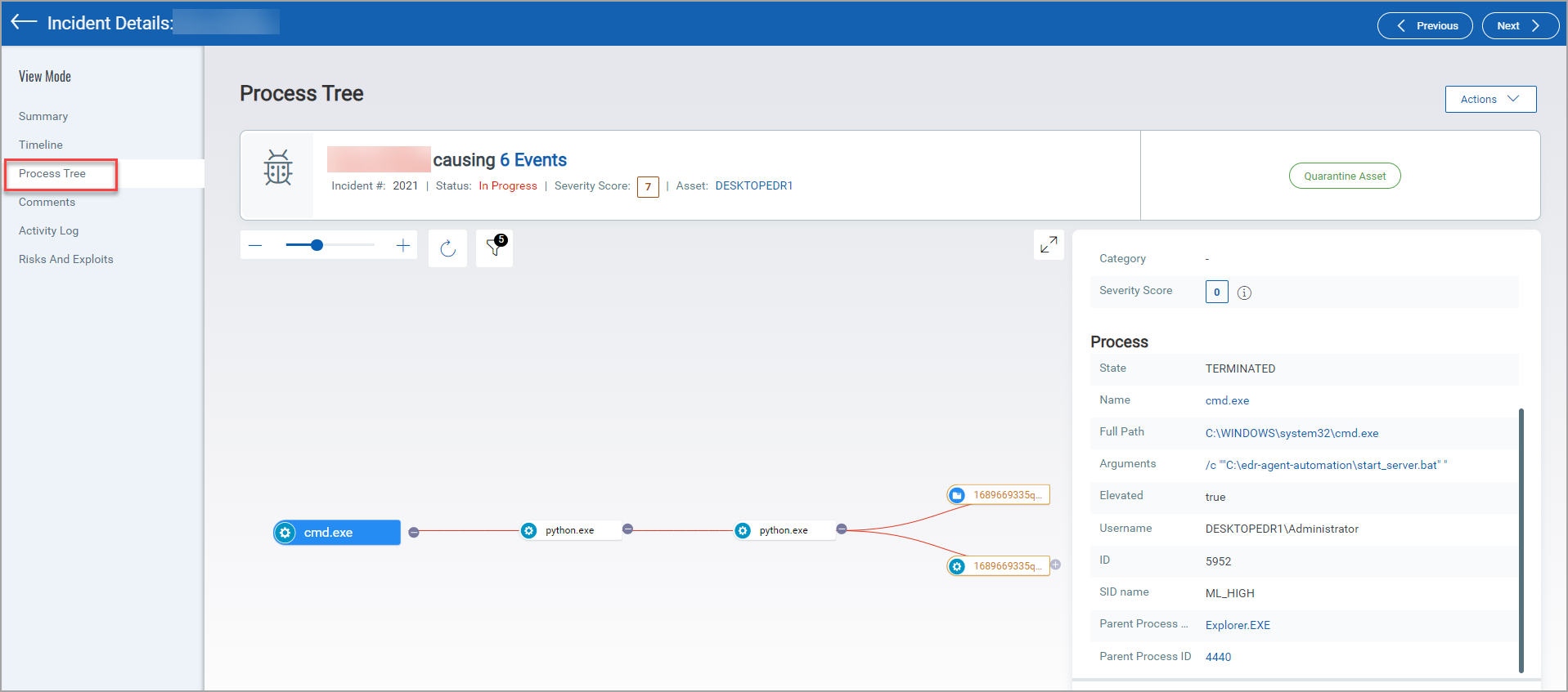 Process Tree in Incident Details page