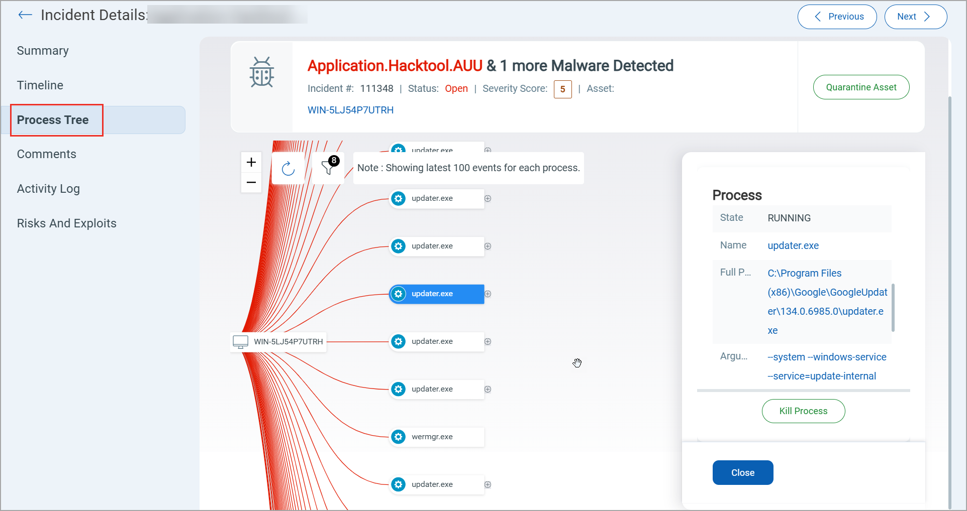 Process Tree in Incident Details page